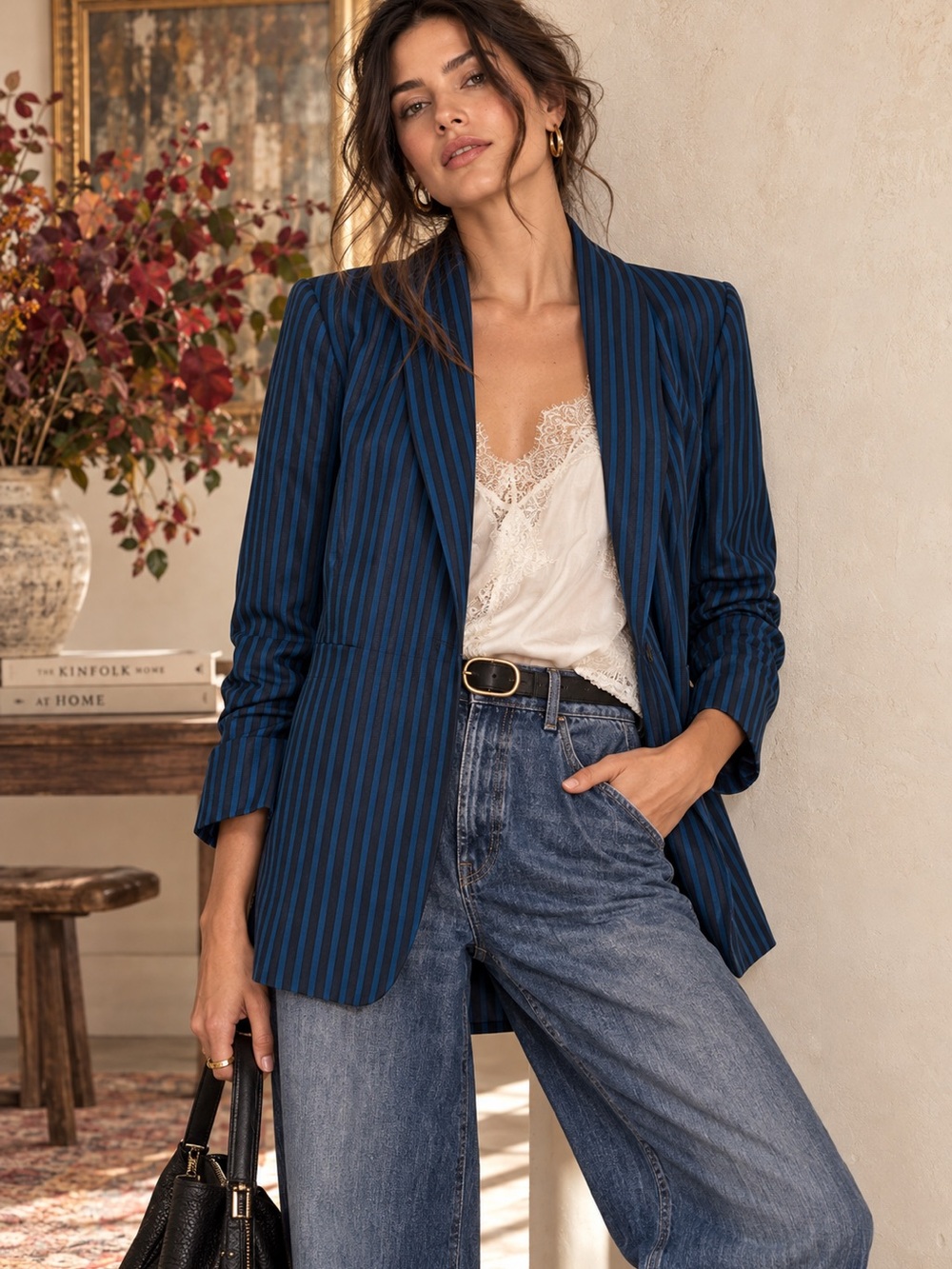 Anthropologie Maeve Pinstripe Blazer Blue Black Striped Tailored Jacket Size 6